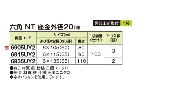 山座セット 六角 NT 座金外径20㎜